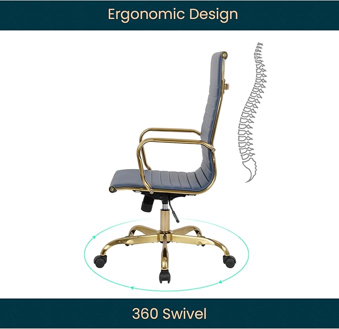 LeisureMod Harris High-Back Task Office Chair - Modern Leather Upholstery with Gold Frame, Ribbed Design 360 Degree Adjustable Swivel for Home, Office, and Study Room