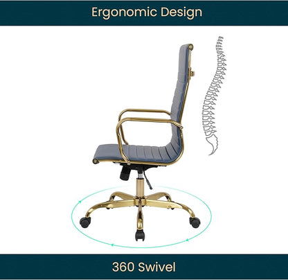 LeisureMod Harris High-Back Task Office Chair - Modern Leather Upholstery with Gold Frame, Ribbed Design 360 Degree Adjustable Swivel for Home, Office, and Study Room