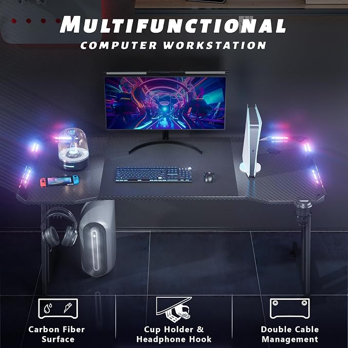HLDIRECT 63 Inch Gaming Desk with LED Lights, Large RGB Computer Gaming Desk Table with Cup Holder Headphone Hook Mouse Pad, Ergonomic Modern Carbon Fiber Mesa Gamer Pc Work Home Office Desks, Black