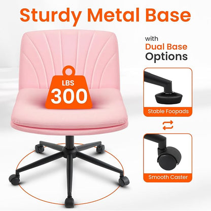 Orange Factory Criss Cross Chair with Wheels Comfy Wide Vanity Desk Chair Dual Base Leather Armless Adjustable Swivel for Home Computer Task (Pink Pu, Faux Leather)