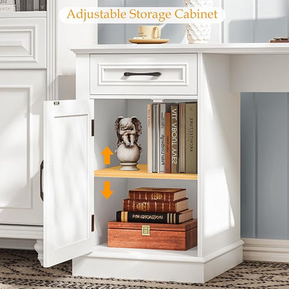 Vabches Farmhouse 59" L-Shaped Executive Desk with Drawers, Wood Home Office Corner Desk with File Drawer, Storage Cabinet, Rustic Computer Writing Desk for Home Office Cream White