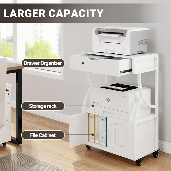Natwind 3 -Tier Rolling Printer Stand with Filing Cabinet,23.6"x15.8",White | Printer Table with Open Shelf and Drawer,Heavy-duty Home Office Storage on Lockable Wheels for 3d Printer,Scanner and Files