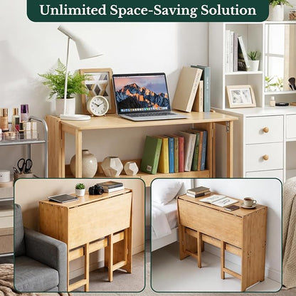 41'' Bamboo Folding Desk with Bookshelf, Space-Saving Computer Desk, Mid Century Modern Foldable Study Table for Home Office, Bedroom, Small Spaces - Primary Color