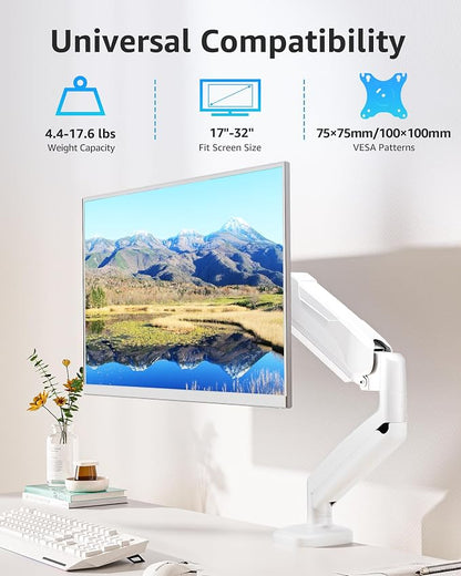 MOUNTUP Single Monitor Desk Mount Holds Screen up to 32 inch, Height Adjustable Monitor Arm, Full Motion Computer Monitors Stand with Clamp/Grommet Base, VESA Mounts Fit 4.4-17.6lbs Computer, White