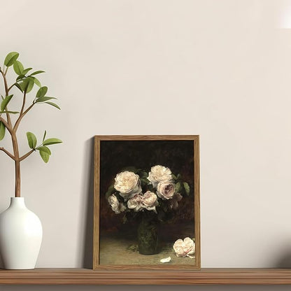 Vintage Framed Floral Wall Art, Moody Dark Roses Canvas Wall Art, Botanical Flowers Pictures Print, Retro White Roses Oil Painting Artwork Wall Decor for Bedroom Kitchen Bathroom – 8x10 inch