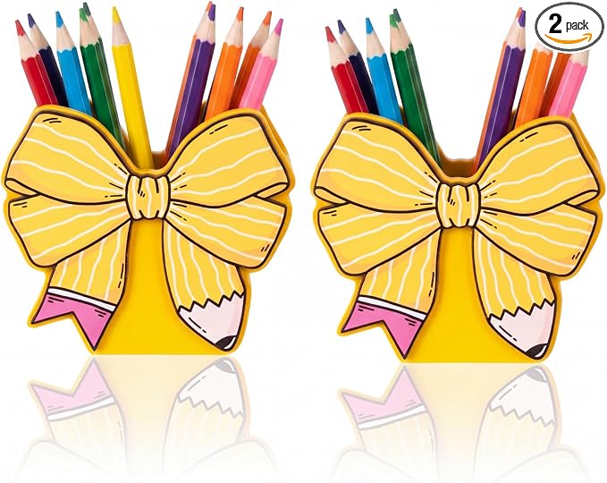Marspark 2 Pcs Cute Bow Pencil Shaped Pen Holders for Desk Coquette Bow Back to School Dispenser Organizer End of Year Gifts for Women Makeup Brush Office Birthday Thank You Favor
