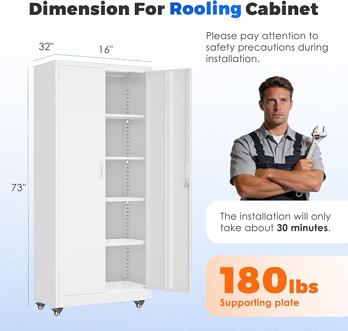 INTERGREAT Metal Storage Cabinet with Wheels, 73" Garage Storage Cabinet with Door and 4 Shelves, Tool Cabinet on Caster for Home, Office, White