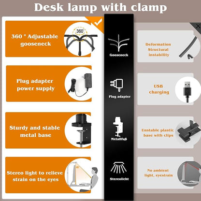 AKRRYR Led Desk Lamp for Home Office,24W Bright Eye-Caring Desk Light with Clamp,5 brightness and 5 temperatures Dimmable Workbench Task Light, Adjustable Gooseneck Table Lamp for Monitor Study(black)