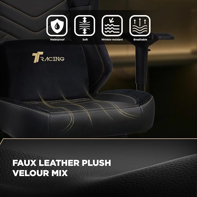 TTRACING Maxx Ergonomic Gaming Chair with 440 lbs Capacity | PU faux leather and velour seat for PC desk setup. Features stable aluminum base, 4D armrests, and 155° recline.