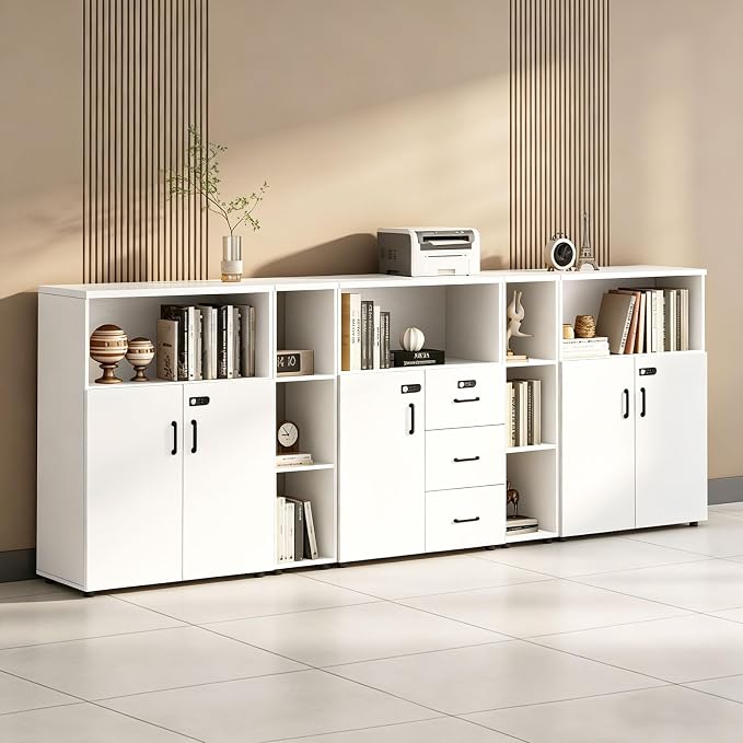 File Cabinet with Password Lock, Wood Lateral Filing Cabinet for Letter/A4 Files, 3 Drawer with Door, Printer Stand with Open Shelves for Home Office