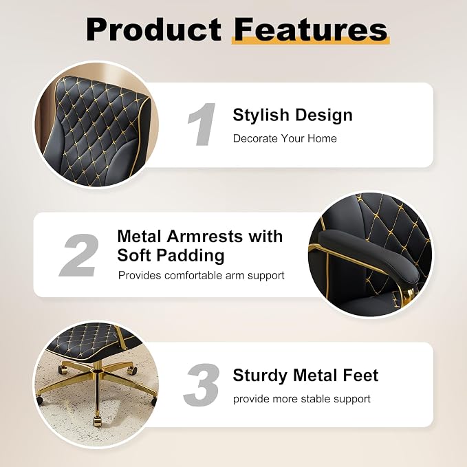 Furniliving Black and Gold Office Chair, Leather Office Chairs, Adjustable Vanity Chair with Golden Legs and Padded Armrest, Modern Upholstered Computer Chair with Wheels,Black