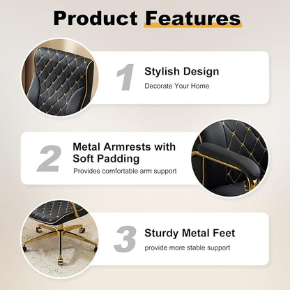 Furniliving Black and Gold Office Chair, Leather Office Chairs, Adjustable Vanity Chair with Golden Legs and Padded Armrest, Modern Upholstered Computer Chair with Wheels,Black