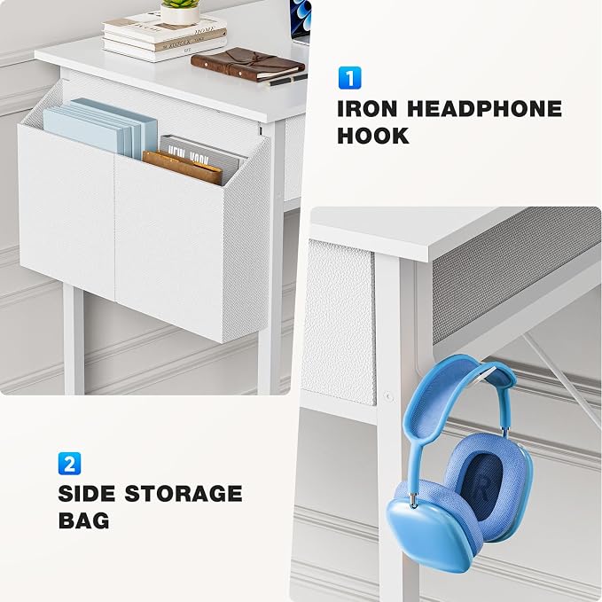 OLIXIS 32 Inch Small Desk with Fabric Drawers for Home Office, Gaming Computer Desk with Side Bag & Headphone Hook, Writing Study Work Table for Bedroom Small Space, Natural White
