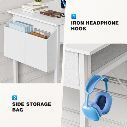 OLIXIS 32 Inch Small Desk with Fabric Drawers for Home Office, Gaming Computer Desk with Side Bag & Headphone Hook, Writing Study Work Table for Bedroom Small Space, Natural White