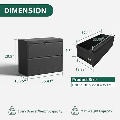 2 Drawer Lateral File Cabinet, Metal File Cabinets for Home Office Legal/Letter A4 Size, File Cabinet with 2 Drawer Storage Cabinet, Require Assembly, Black