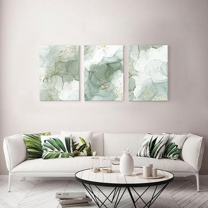 Green Wall Art Set of 3,Abstract Sage Green Wall Decor Living Room, Gold Green Beige Marble Large Framed Canvas Wall Art Mid Century Modern Art Pictures, Boho Green Aesthetic Wall Decor Bedroom Bathroom Office,16x24inch