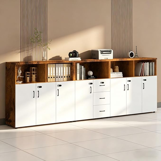 File Cabinet with Password Lock, Wood Lateral Filing Cabinet for Letter/A4 Files, 3 Drawer with Door, Printer Stand with Open Shelves for Home Office