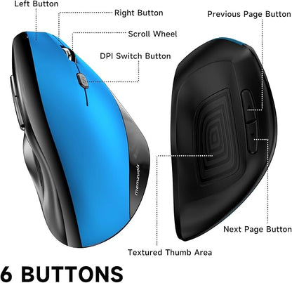memzuoix Ergonomic Mouse Wireless,2.4G Optical Cordless Mice with 800/1200/1600 DPI,Vertical Computer Wireless Mouse for Laptop, Mac,PC,Desktop (for Right Hand, Large),Blue