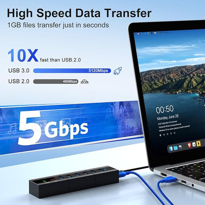 Powered USB 3.0 Hub, RAOYI 8 Ports High Speed USB 3.0 Hub Splitter with 36W Power Adapter, 3.3ft Cable and Smart Fast Charger USB Hub for for Laptop, PC, Mac, Mobile HDD, Mulitple Devices (Black)