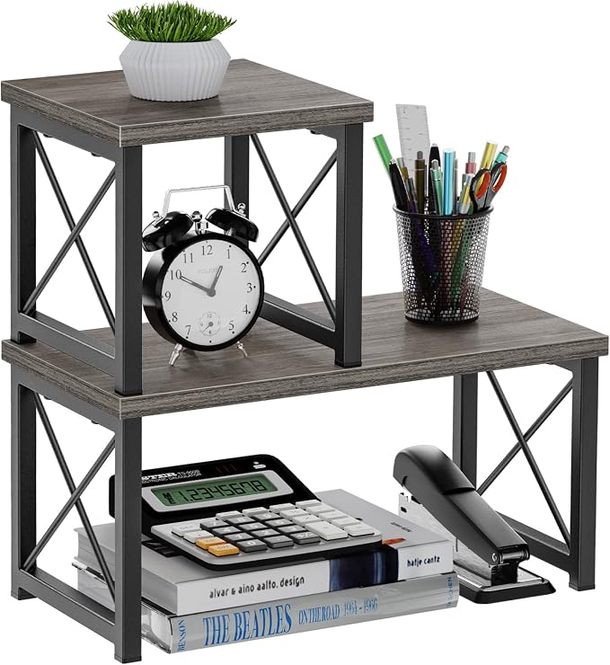 Honiter Desk Shelf for Top of Desk, Wood Desktop Shelf, 2 Tier Adjustable Bookshelf Organizer, Freestanding Stackable Desk Stand Storage Organizers Kitchen Counter Display Rack