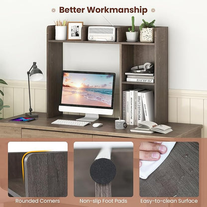 GOFLAME 5 Shelves Desktop Bookshelf, Wood Desk Hutch Dorm for Computer Desk, Countertop Display Rack, 3-Tier Desk Storage Organizer Shelf for Dormitory, Home Office, Study, Gray