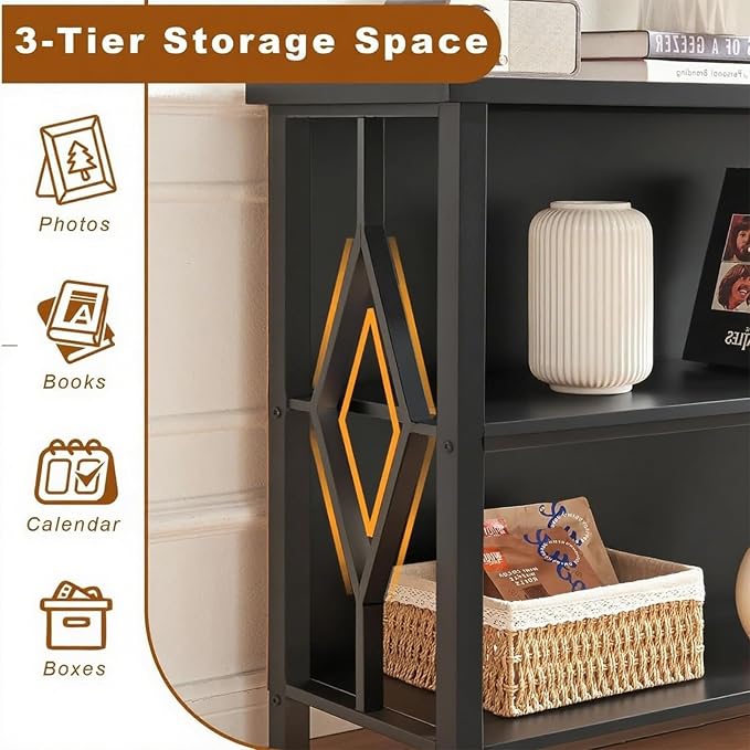 HOMISSUE Bookshelf, 3-Tier Rustic Short Bookshelf, Industrial Shelf Bookcase with Engineered Wood Shelves, Low Bookcase with Storage, Small Shelf for Living Room, Bedroom and Office, Black