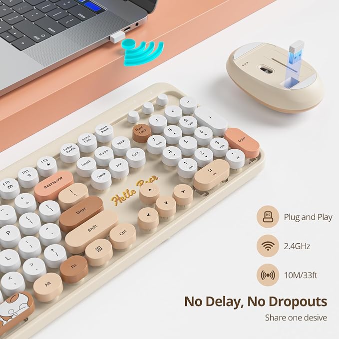GTSP Creamy Wireless Keyboard and Mouse, Typewriter Office Full-Sized Colorful 2.4G Cute Aesthetic Keyboard for Computer, Laptop, PC Desktops（Brown）