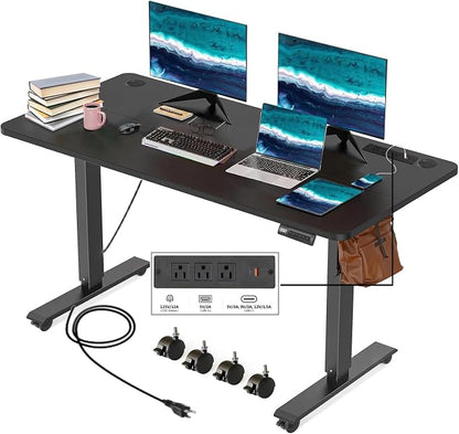 Electric Standing Desk with Power Outlets and USB-C Port, 48 x 24 Inches Adjustable Height Sit Stand Up Desk for Home Office, Adjustable Desk with Memory Preset and Wheels, Black