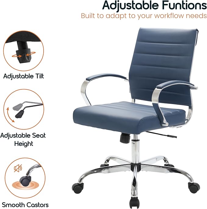 LeisureMod Benmar Leather Office Desk Chair, Mid-Back Ergonomic Swivel Chair with Lumbar Support, Adjustable Height, Tilt Lock, Cushioned Seat & Back, Home Office Task Chair (Navy Blue, Set of 2)
