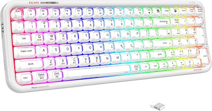 FOPETT Wireless Computer Keyboard with RGB Backlit, Tri-Mode Bluetooth 5.0/USB-C/2.4GHz Gaming Keyboard, Full Size Layout, Ergonomic Curved Design for Windows Mac PC Gamers & Office-White