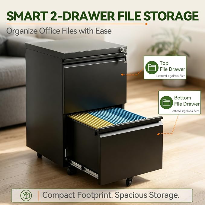 SAWJEC 2 Drawer File Cabinet with Lock, Fully Assembled Rolling Metal Filing Cabinet for Home Office, Fits Letter/Legal/A4, Black, 17" D x 15" W x 26" H