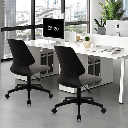 CLATINA Armless Adjustable Height Desk Chair with Wheels, Upholstered Swivel Computer Task Chair, Comfy Small Office Reading Chair for Home & Meeting Room, Black, 2 Pack