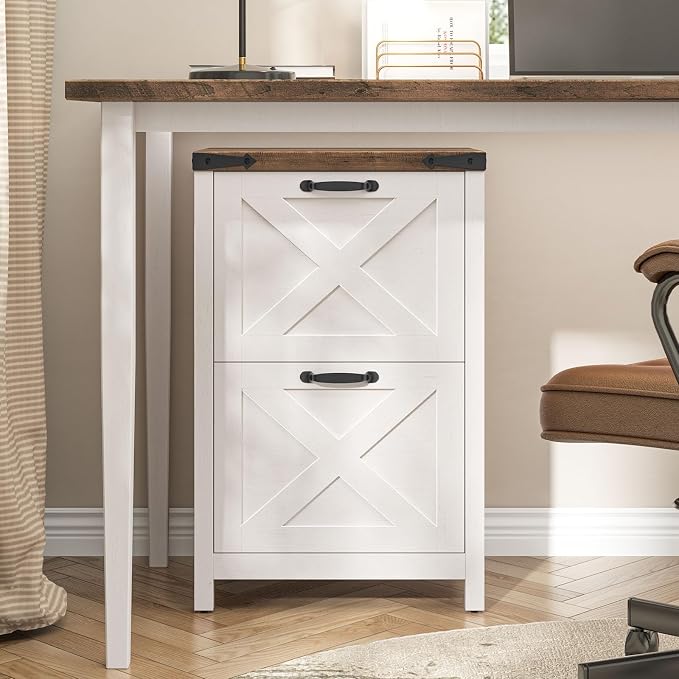 Halitaa Farmhouse File Cabinet, Vertical Under Desk Wooden Storage with 2 Drawers, Small Filing Cabinet Fits Letter and A4 Size for Home Office, Printer Stand, White and Brown