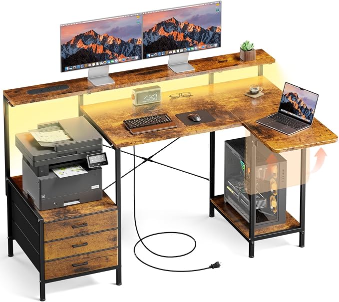 HLDIRECT 55 Inch Computer Desk for Home Office, Gaming Computer Desk with Printer Shelf, Storage Drawers, Power Outlets, Monitor Stand & LED Strip, Foldable L Shaped Gaming Table (Rustic Brown)