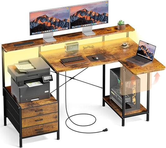 HLDIRECT 55 Inch Computer Desk for Home Office, Gaming Computer Desk with Printer Shelf, Storage Drawers, Power Outlets, Monitor Stand & LED Strip, Foldable L Shaped Gaming Table (Rustic Brown)