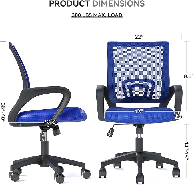 Office Chair, Ergonomic Mid-Back Mesh Desk Chair, 10 Pack, Navy Blue | Lumbar Support, Adjustable Height, Rolling Wheels Design, Comfy Armrest, For Work, Study, Gaming