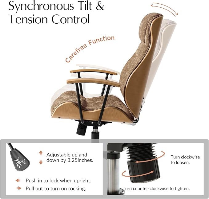 HULALA HOME Solid Wood Office Chair with Tilt Function, Mid Century Modern Bentwood Desk Chair with High Backrest, Height Adjustable Swivel Fabric Computer Task Chair, Camel