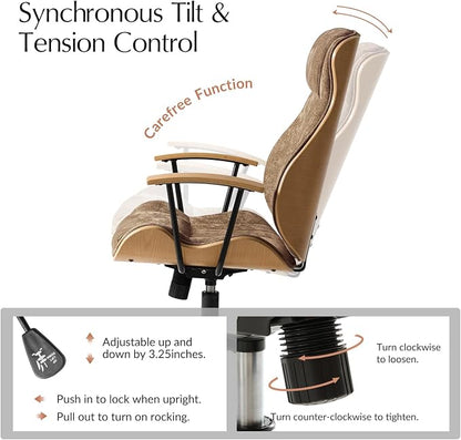 HULALA HOME Solid Wood Office Chair with Tilt Function, Mid Century Modern Bentwood Desk Chair with High Backrest, Height Adjustable Swivel Fabric Computer Task Chair, Camel