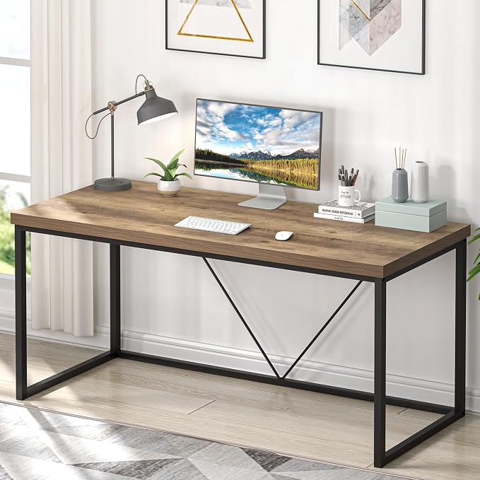 FOLUBAN Industrial Computer Desk, Rustic Wood and Metal Writing Desk, Vintage PC Table for Home Office, Oak 60 inch