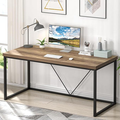 FOLUBAN Industrial Computer Desk, Rustic Wood and Metal Writing Desk, Vintage PC Table for Home Office, Oak 60 inch