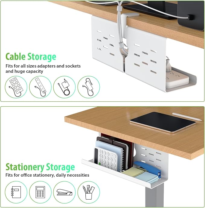 KEEGH 16'' Under Desk Cable Management Tray, No Drill Clamp Mount, Sturdy Metal Cable Tray for Power Strip, Cord Management Tray for Home Office, Gaming Desk, Standing Desk, White, 1 Pack