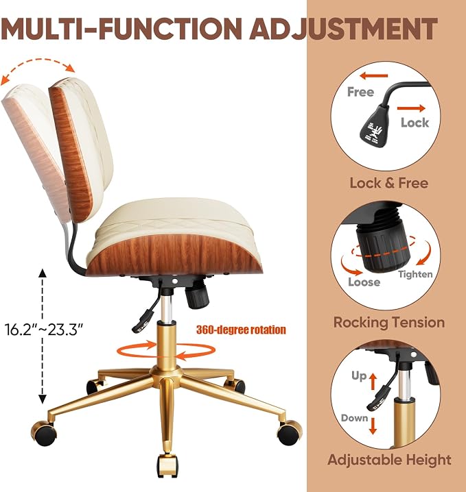 Home Office Desk Chair with Swivel Wheels, Modern PU Leather Armless Office Chair, Small Mid Back Computer Chair for Home Office, Reading Meeting Room (Beige, Gold Wheels)