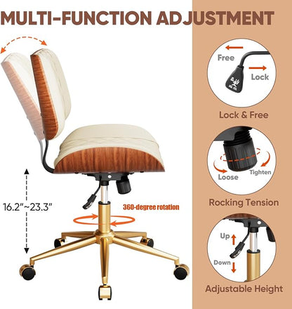 Home Office Desk Chair with Swivel Wheels, Modern PU Leather Armless Office Chair, Small Mid Back Computer Chair for Home Office, Reading Meeting Room (Beige, Gold Wheels)