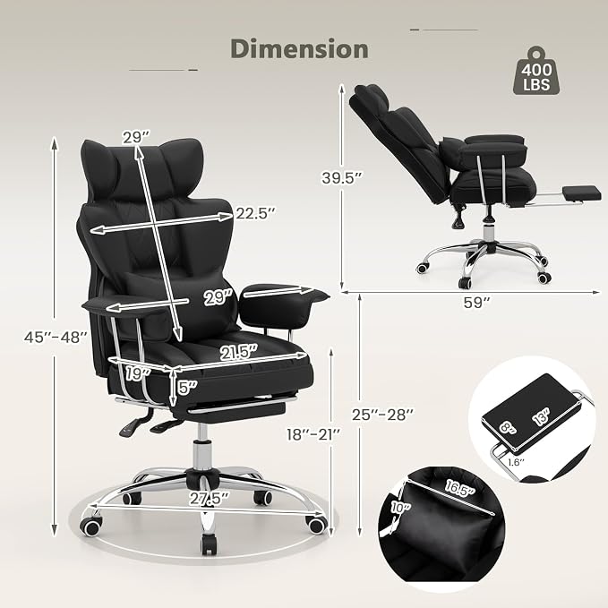 Giantex Office Desk Chair, Big and Tall Executive Office Chair with Foot Rest and Lumbar Support, High Back Leather Swivel Computer Task Chair, Large Ergonomic Reclining Home Office Chair, Black