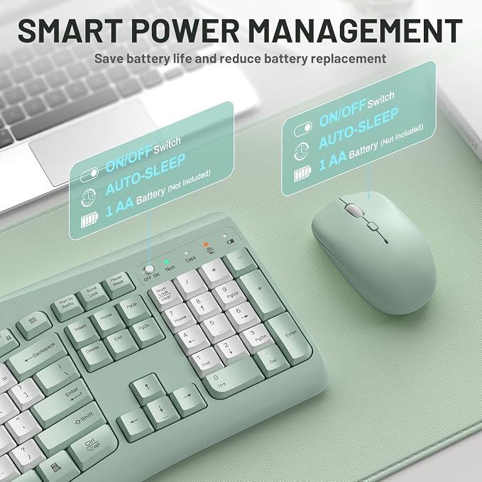 Wireless Keyboard and Mouse Combo,2.4G Full Size Ergonomic Curved Silent Keyboard with Fn Multimedia Keys for Office and Home, 3-DPI Quiet Mouse for Windows,Mac OS Desktop/Laptop/PC (Avocado Green-B)