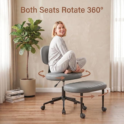 Cross Legged Office Chair with Wheels, 360 Swivel Height-Adjustable Meditation Chair with Lumbar Support, PU Leather, Gray