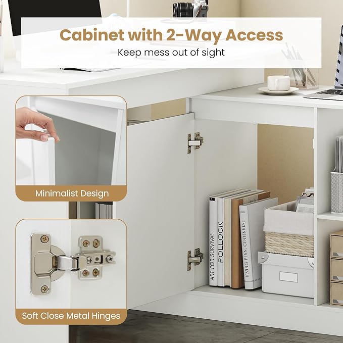 Tangkula Reversible L-Shaped Desk w/Storage Cabinet & 4 Shelves, White Corner Desk for Writing Study, Modern Computer Desk for Small Spaces, Executive Laptop Workstation for Home Office