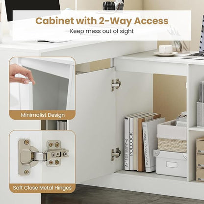 Tangkula Reversible L-Shaped Desk w/Storage Cabinet & 4 Shelves, White Corner Desk for Writing Study, Modern Computer Desk for Small Spaces, Executive Laptop Workstation for Home Office
