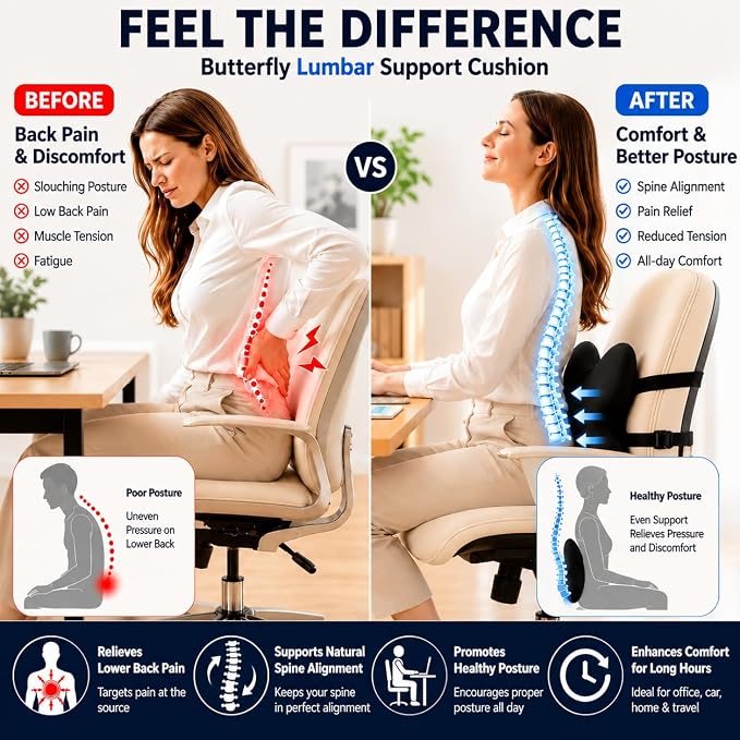 Memory Foam Lumbar Support Pillow,Back Support for Office Chair,Back Pillow for Chair,Ergonomic Lower Back Cushion for Desk Chair,Computer Chair,Gaming Chair and Car Seat,Washable Cover（Black）