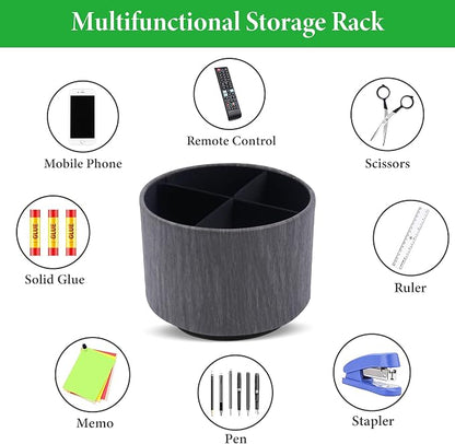 Round Leather Art Supply Organizer,Remote Control Holder,360 Degree Spinning,Multi-Functional Pencil Holder,4 Compartments Desktop Stationary Organizer(1-Thin Wood Black)